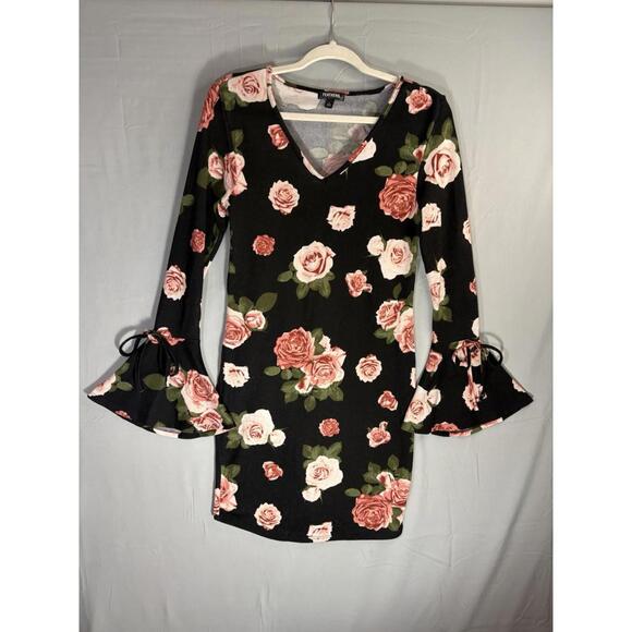Black Floral Mini Dress Bell Sleeves sz L Juniors Pink Roses Romantic Retro - Picture 2 of 10